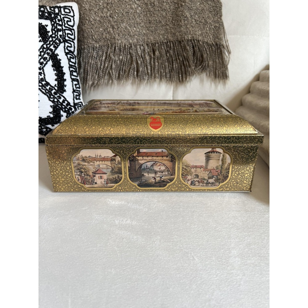 Vintage Otto Schmidt‎ Gold Cityscape Rectangular Tin Box Large Germany With Lid